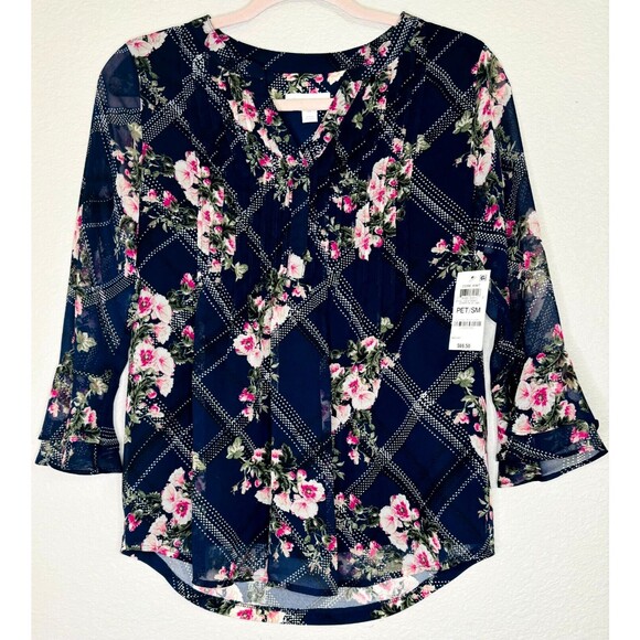 NWT Charter Club Etching Garden‎ Floral Top Shirt Pintuck Navy Blue Petite Small - Picture 5 of 12